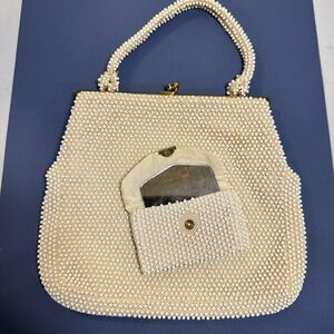 VTG 60s Purse Cream Wht Beaded Handbag & Coin Mirror‎ Kisslock Hippie Boho